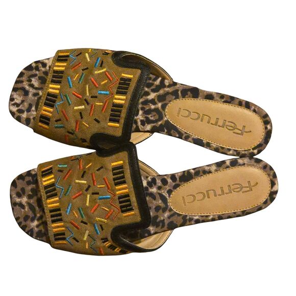Ferrucci Leopard Embroidered Sandal US 7B Leather Suede Hand Made Maximalist - Picture 12 of 12